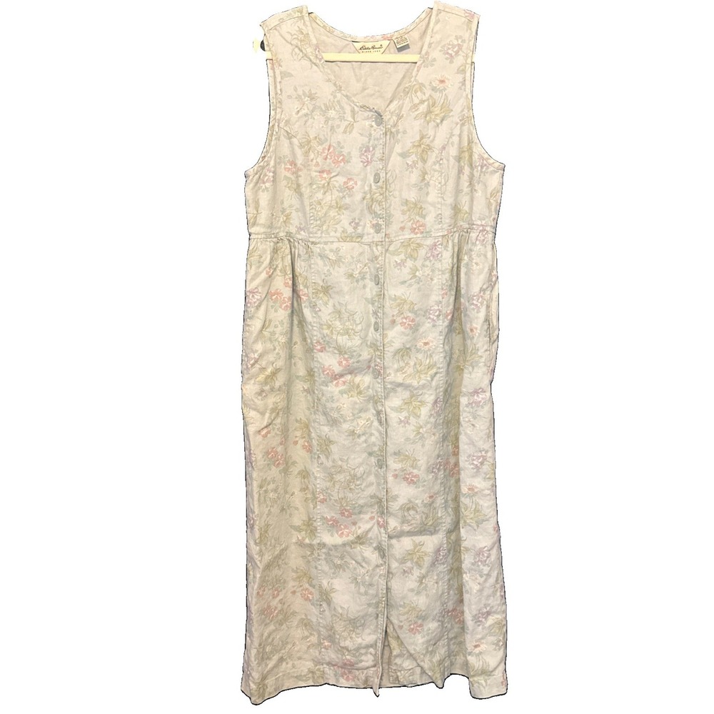 Vintage Eddie Bauer 100% Linen Large Floral Dress Cottage Prairie Teachercore